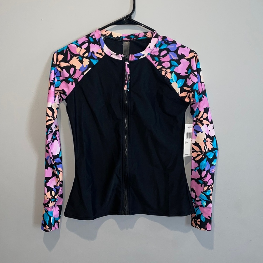 Raisins front zip floral print thumb hole long sleeve rash guard size small